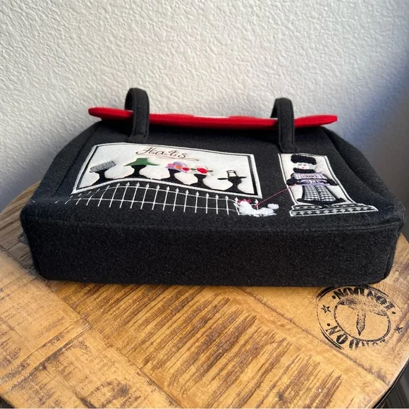 Vintage Felted Wool Embroidered Bag Hat Shop and Poodle Design Black Red White